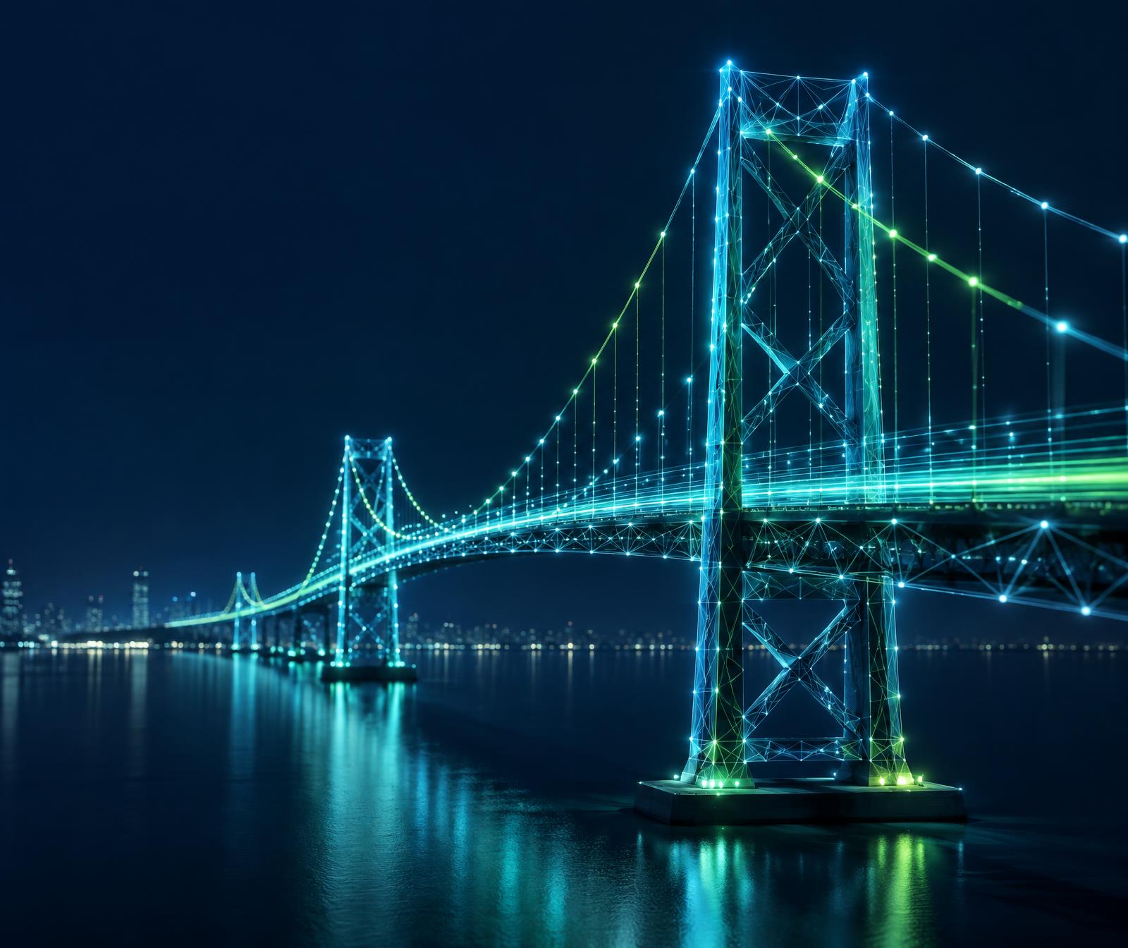 Illuminated bridge rendered as a connected network of light, symbolizing Gigbridge