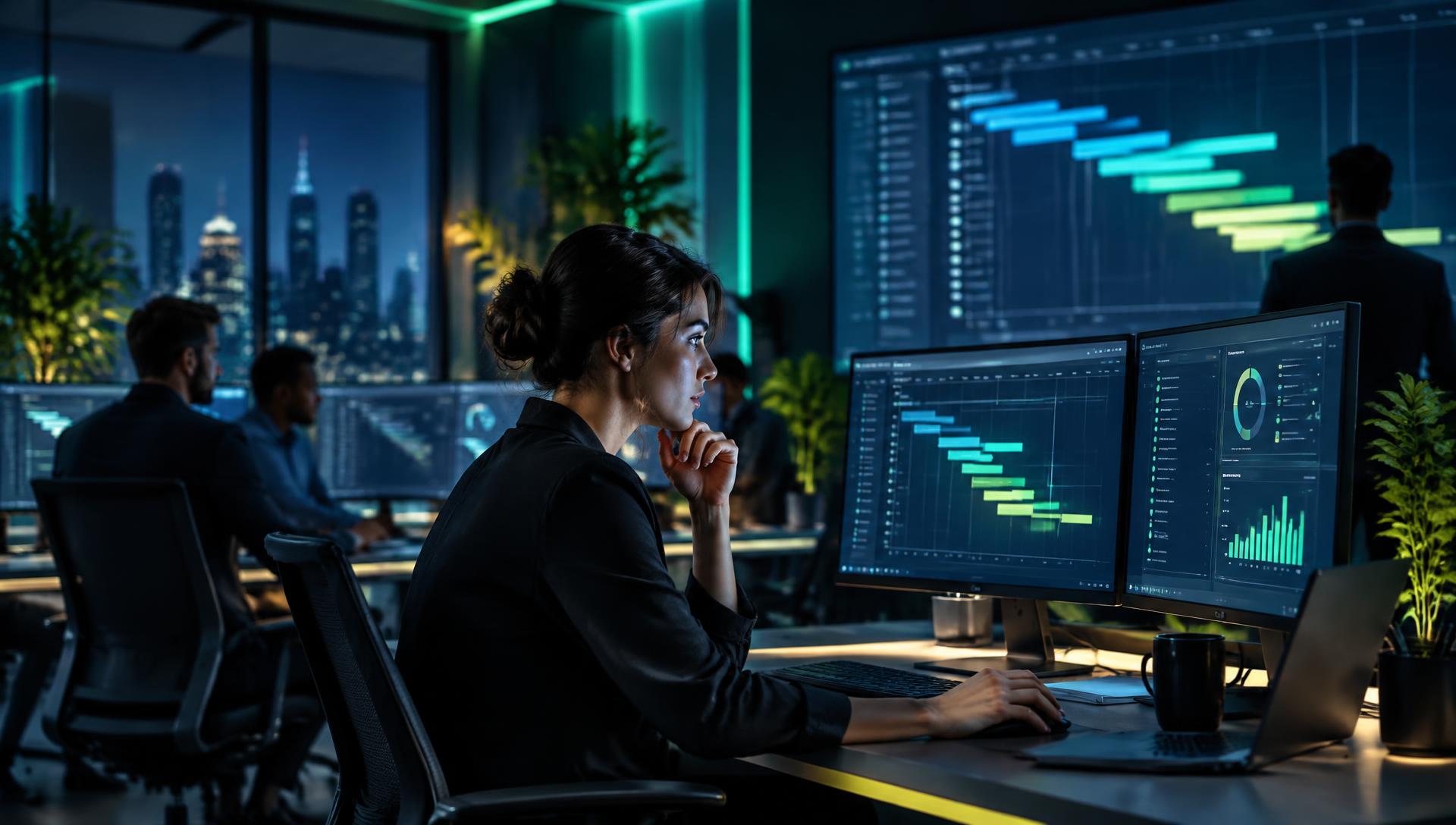 Delivery team tracking project timelines on large screens