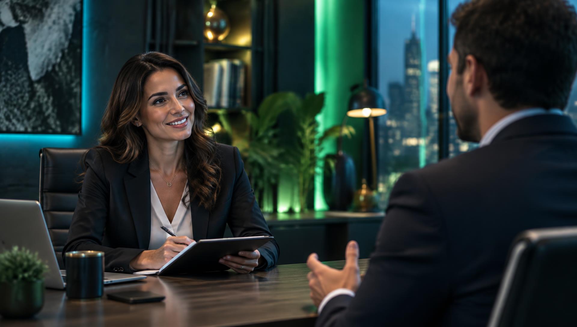 Recruiter and candidate in conversation in a modern office